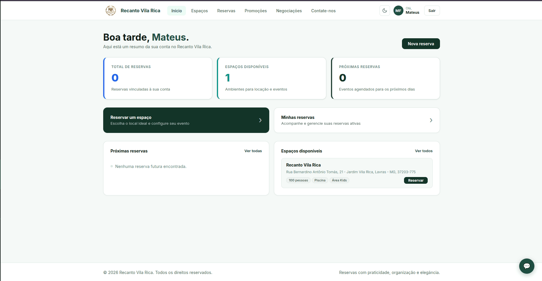 Recanto Vila Rica — Sistema Web